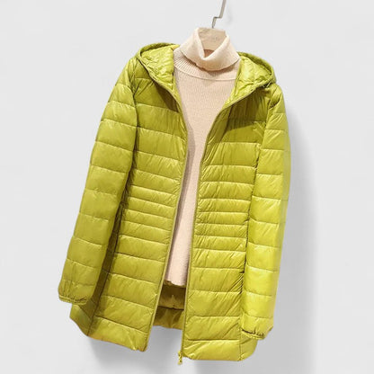 Chaqueta Puffer Acolchada Sin Esfuerzo para Mujeres con Capucha, Manga Larga, Ligera y Estilo Casual de Corte Largo