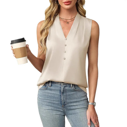 Blusa de Satén Elegante para Mujeres con Escote en V Sin Mangas y Botones Frontales Estilo Relajado