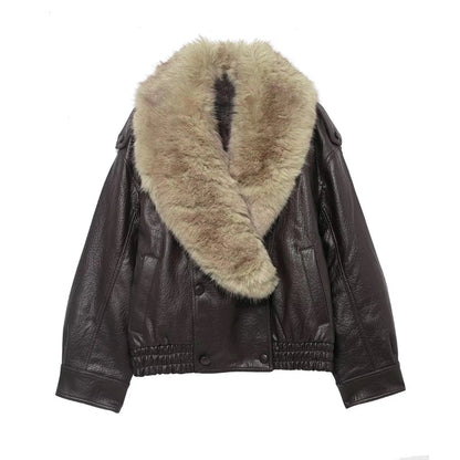 Chaqueta Bomber de Cuero Elegante para Mujeres con Cuello de Piel Sintética, Manga Larga, Estilo Relajado con Botones a Presión