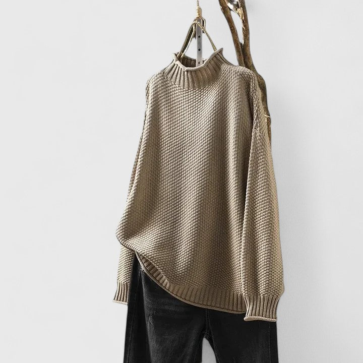 Suéter Chunky Cómodo para Mujeres con Cuello Alto, Manga Larga, Corte Relajado y Dobladillo Curvado
