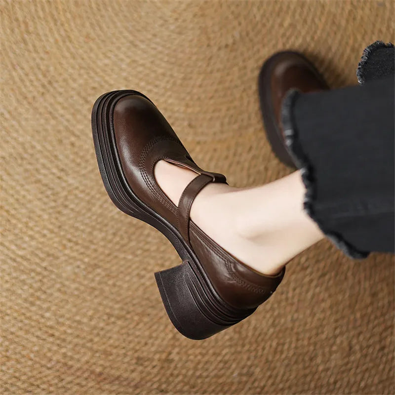 Zapatos Mary Jane de Cuero Elegantes para Mujeres con Plataforma T Strap y Tacón Grueso Estilo Vintage