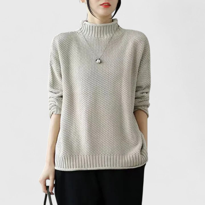 Suéter Chunky Cómodo para Mujeres con Cuello Alto, Manga Larga, Corte Relajado y Dobladillo Curvado