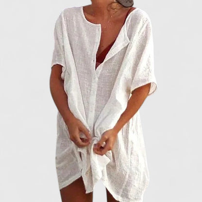 Vestido Cubierta de Lino Sin Esfuerzo para Mujeres con Escote en V, Manga Corta y Estilo Relajado