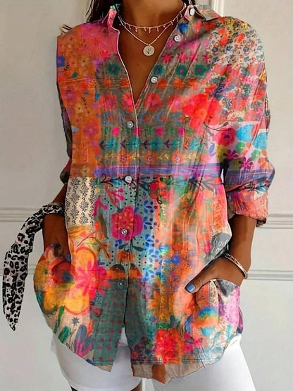 Blusa Floral Sin Esfuerzo para Mujeres con Cuello, Manga Larga, Botones en la Parte Frontal, Estilo Relajado
