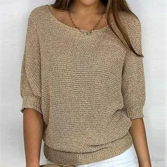 Suéter de punto cómodo para mujeres con cuello barco, manga murciélago, dobladillo acanalado y estilo relajado