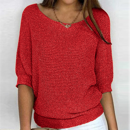 Suéter de punto cómodo para mujeres con cuello barco, manga murciélago, dobladillo acanalado y estilo relajado