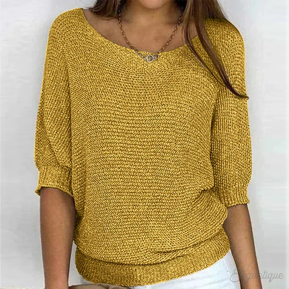 Suéter de punto cómodo para mujeres con cuello barco, manga murciélago, dobladillo acanalado y estilo relajado