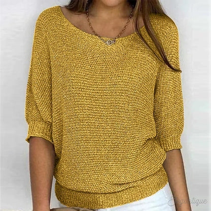 Suéter de punto cómodo para mujeres con cuello barco, manga murciélago, dobladillo acanalado y estilo relajado