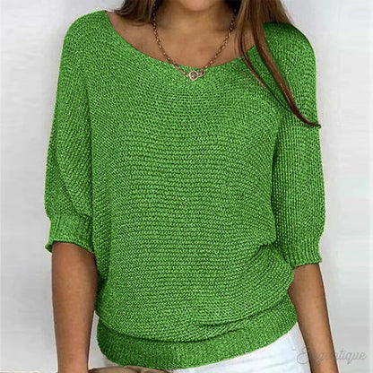 Suéter de punto cómodo para mujeres con cuello barco, manga murciélago, dobladillo acanalado y estilo relajado
