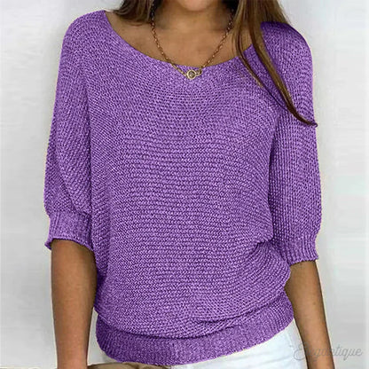 Suéter de punto cómodo para mujeres con cuello barco, manga murciélago, dobladillo acanalado y estilo relajado