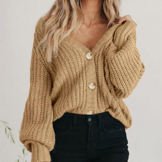 Suéter Cardigan de Punto Grueso y Cómodo para Mujeres con Cuello en V, Mangas Globo, Botones en la Parte Frontal y Estilo Oversized