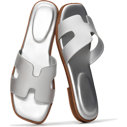 Sandalias de Cuero Cómodas para Mujeres con Correa Recortada y Punta Cuadrada, Estilo Plano