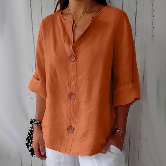 Blusa de Lino Sin Esfuerzo para Mujeres con Cuello en V, Manga Corta y Estilo Relajado