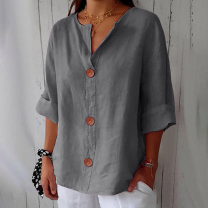 Blusa de Lino Sin Esfuerzo para Mujeres con Cuello en V, Manga Corta y Estilo Relajado