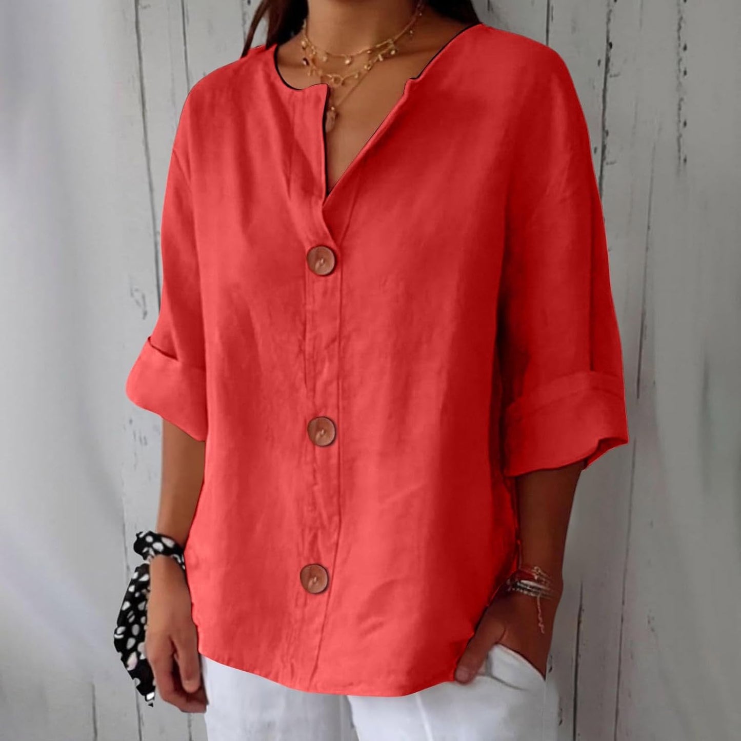 Blusa de Lino Sin Esfuerzo para Mujeres con Cuello en V, Manga Corta y Estilo Relajado