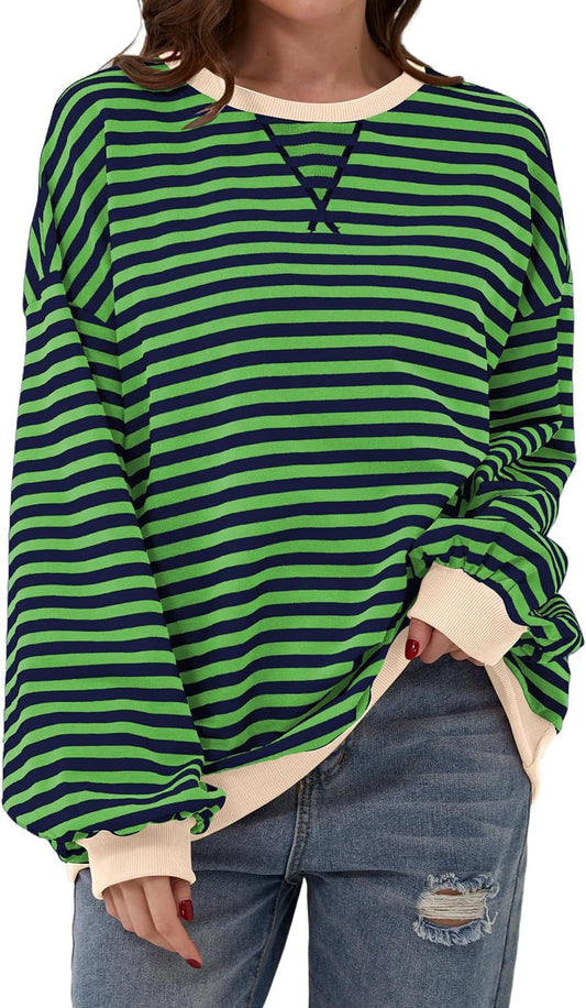 Sudadera a Rayas Cómoda para Mujeres con Cuello Redondo, Manga Larga, Corte Oversized y Detalles de Color Bloque en Estilo Relajado de Tejido