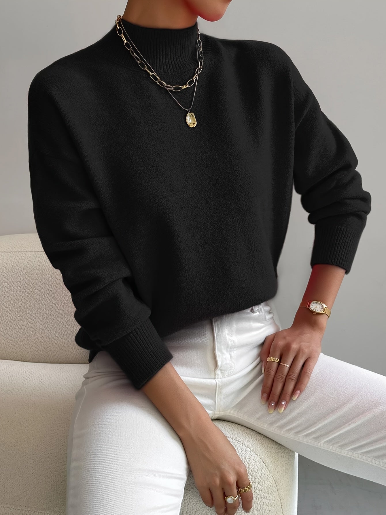 Suéter de Punto Acanalado Cómodo para Mujeres con Cuello Alto, Manga Larga y Estilo Oversized Relajado