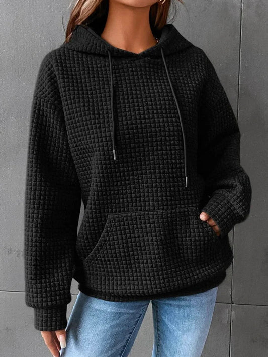 Sudadera de punto waffle cómoda para mujeres con capucha ajustable, de manga larga y estilo relajado y oversize