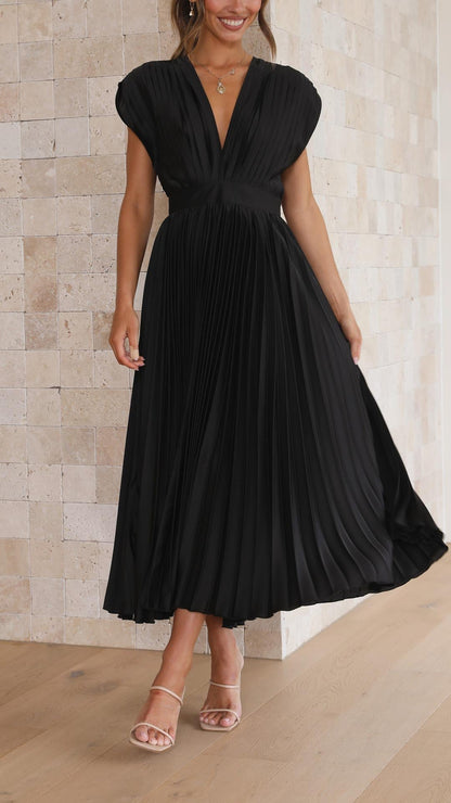 Vestido Midi de Satén Plisado Elegante para Mujeres con Escote en V, Manga Capa y Cintura Ajustada