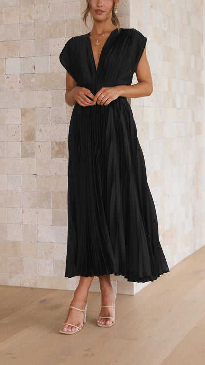 Vestido Midi de Satén Plisado Elegante para Mujeres con Escote en V, Manga Capa y Cintura Ajustada