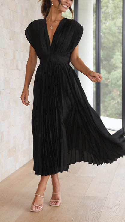 Vestido Midi de Satén Plisado Elegante para Mujeres con Escote en V, Manga Capa y Cintura Ajustada