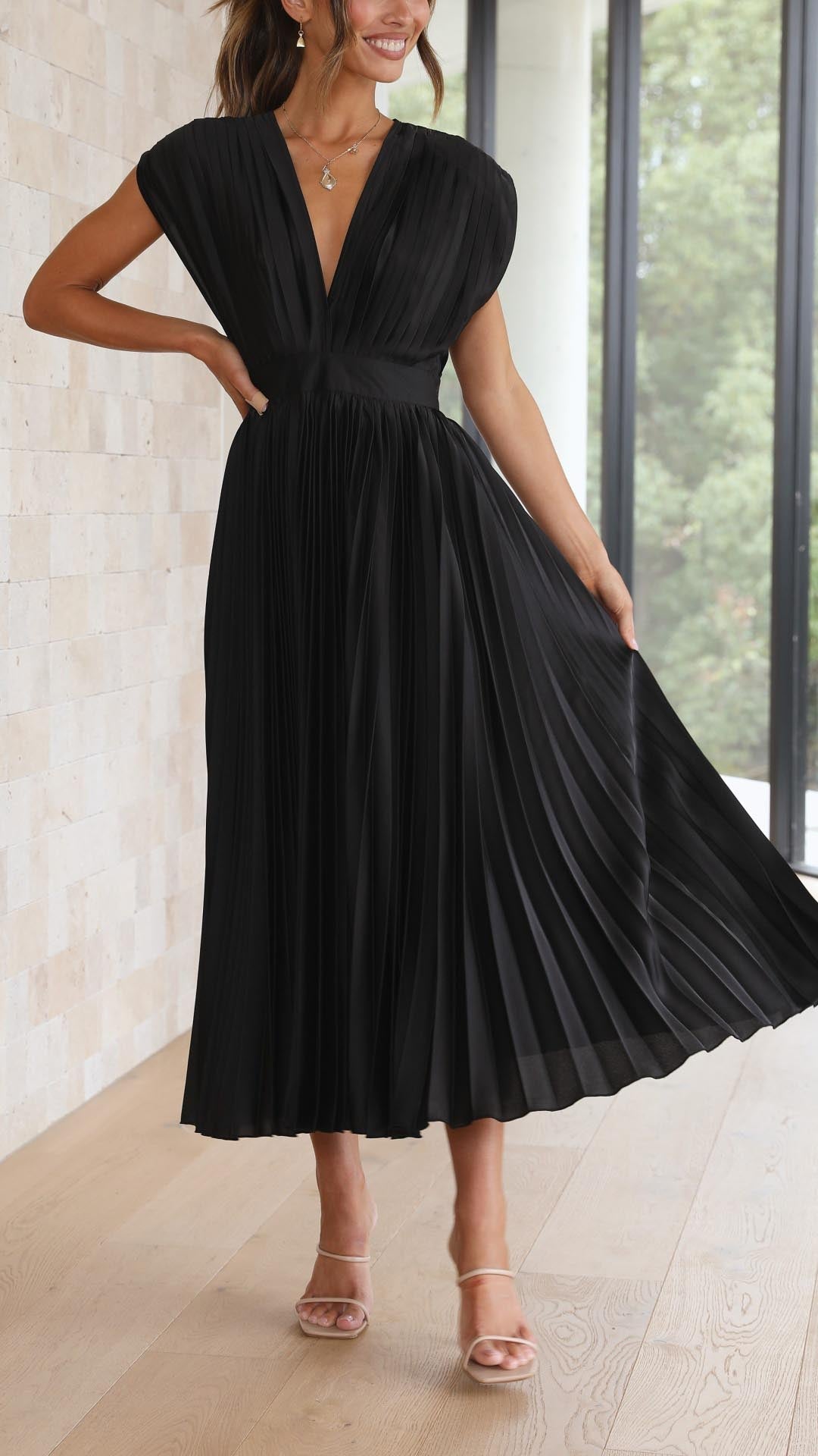 Vestido Midi de Satén Plisado Elegante para Mujeres con Escote en V, Manga Capa y Cintura Ajustada