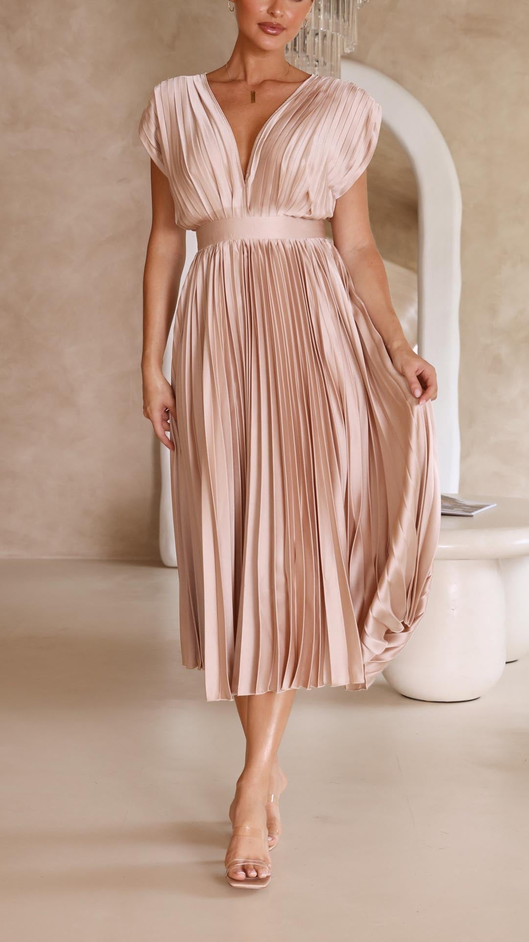 Vestido Midi de Satén Plisado Elegante para Mujeres con Escote en V, Manga Capa y Cintura Ajustada