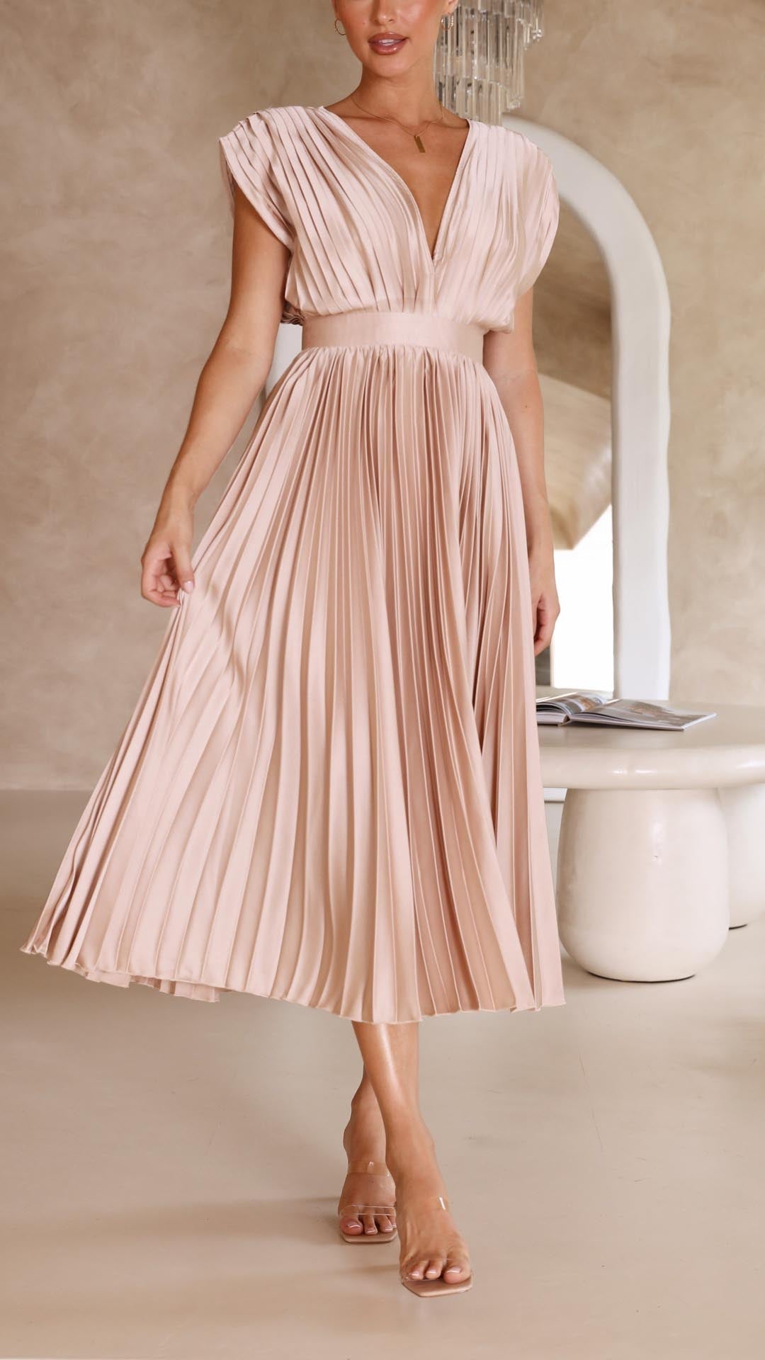 Vestido Midi de Satén Plisado Elegante para Mujeres con Escote en V, Manga Capa y Cintura Ajustada