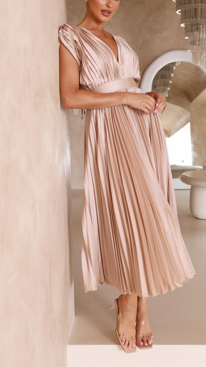 Vestido Midi de Satén Plisado Elegante para Mujeres con Escote en V, Manga Capa y Cintura Ajustada