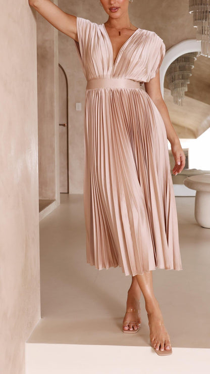 Vestido Midi de Satén Plisado Elegante para Mujeres con Escote en V, Manga Capa y Cintura Ajustada