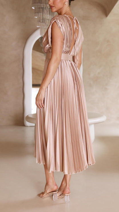 Vestido Midi de Satén Plisado Elegante para Mujeres con Escote en V, Manga Capa y Cintura Ajustada