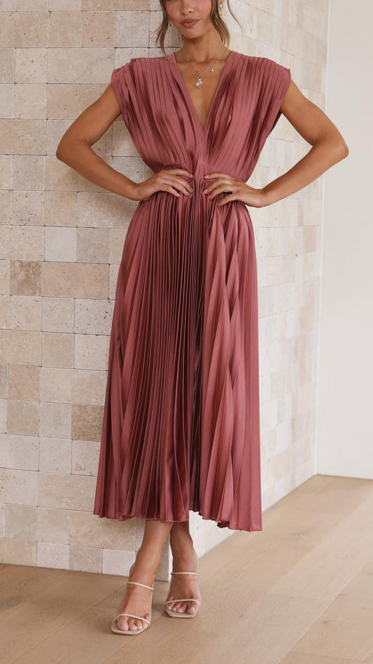 Vestido Midi de Satén Plisado Elegante para Mujeres con Escote en V, Manga Capa y Cintura Ajustada