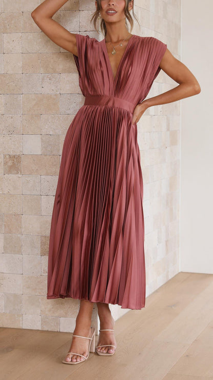 Vestido Midi de Satén Plisado Elegante para Mujeres con Escote en V, Manga Capa y Cintura Ajustada