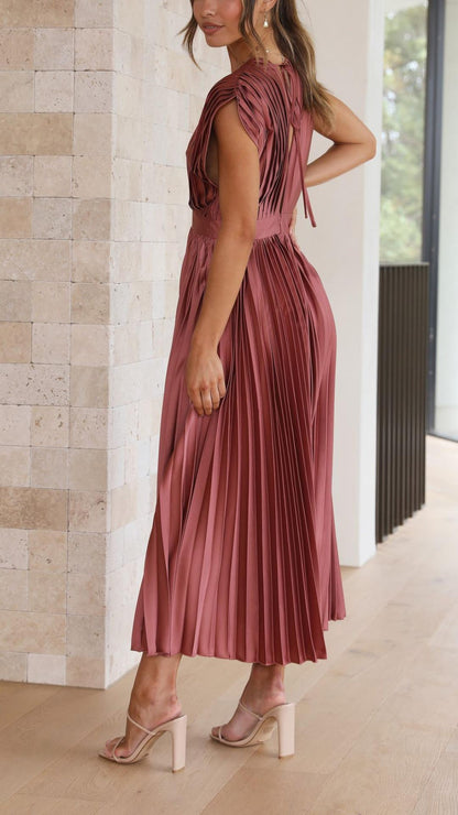 Vestido Midi de Satén Plisado Elegante para Mujeres con Escote en V, Manga Capa y Cintura Ajustada