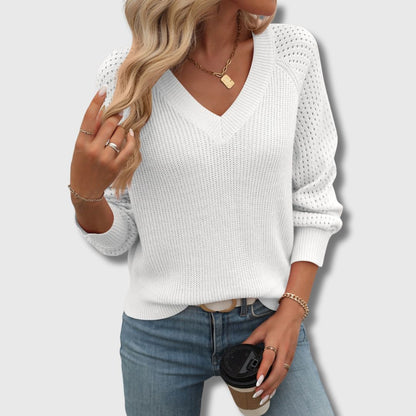 Suéter de Manga de Crochet Cómodo para Mujeres con Cuello en V y Estilo de Tejido Relajado de Manga Larga
