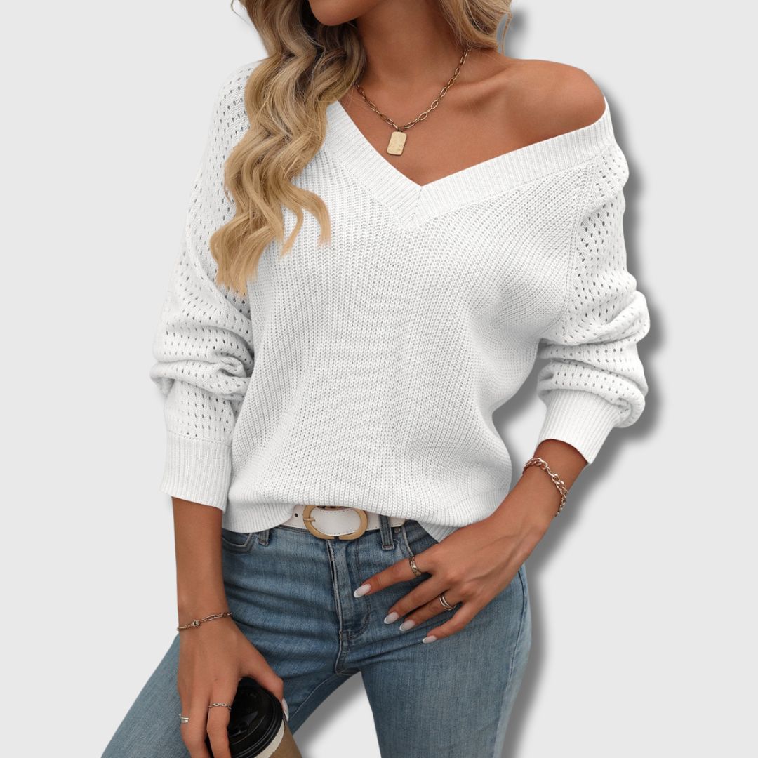 Suéter de Manga de Crochet Cómodo para Mujeres con Cuello en V y Estilo de Tejido Relajado de Manga Larga