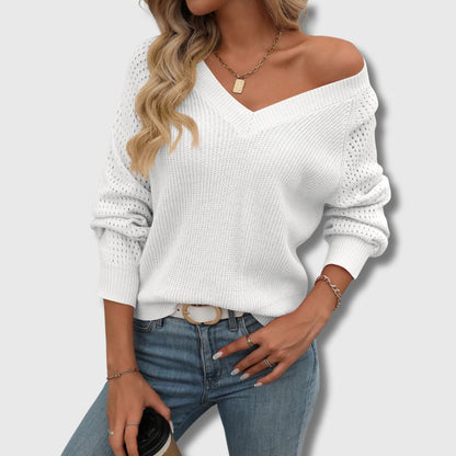 Suéter de Manga de Crochet Cómodo para Mujeres con Cuello en V y Estilo de Tejido Relajado de Manga Larga