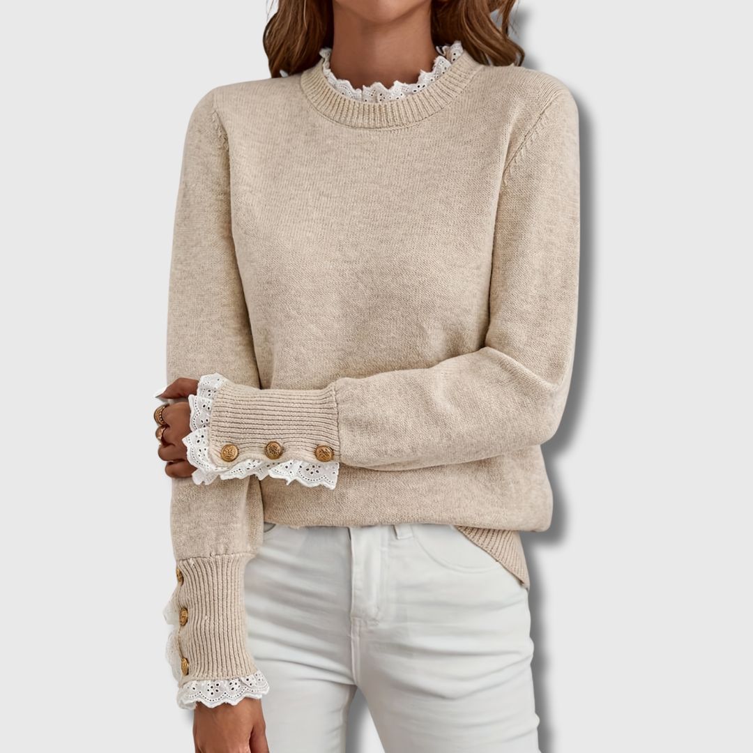 Suéter de Punto de Albaricoque Cómodo para Mujeres con Cuello Alto, Manga Larga, Detalles de Encaje y Puños con Botones, Estilo Relajado