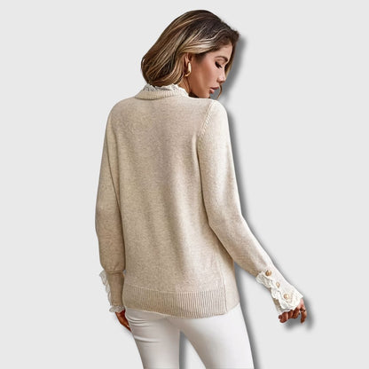 Suéter de Punto de Albaricoque Cómodo para Mujeres con Cuello Alto, Manga Larga, Detalles de Encaje y Puños con Botones, Estilo Relajado