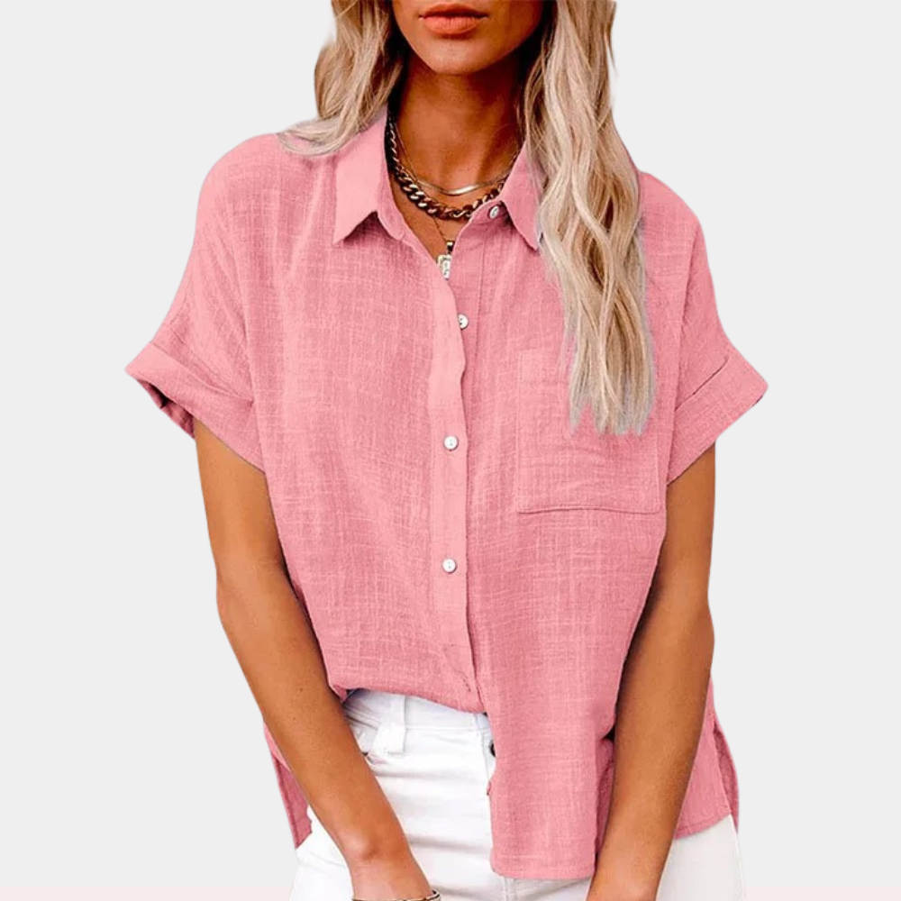 Blusa de Lino Sin Esfuerzo para Mujeres con Cuello, Manga Corta, Botones en la Parte Frontal, Estilo Alto-Bajo