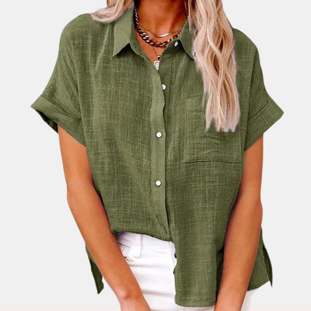 Blusa de Lino Sin Esfuerzo para Mujeres con Cuello, Manga Corta, Botones en la Parte Frontal, Estilo Alto-Bajo