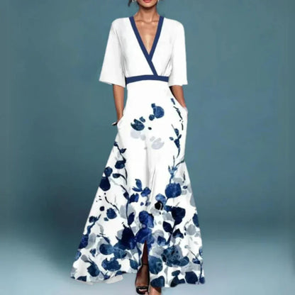 Elegante Vestido Maxi Bordado Floral para Mujeres con Escote en V, Mangas de Campana, Estilo Envolvente y Alta Abertura