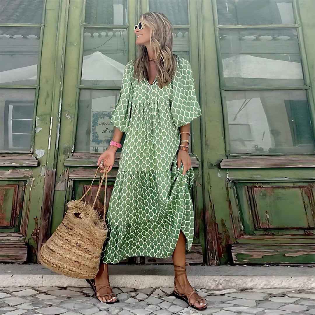 Vestido Maxi Floral Sin Esfuerzo para Mujeres con Escote en V, Manga de Campana, Volantes en Capas y Estilo Bohemio