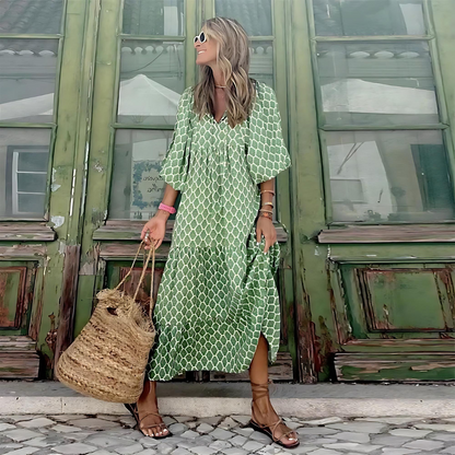 Vestido Maxi Floral Sin Esfuerzo para Mujeres con Escote en V, Manga de Campana, Volantes en Capas y Estilo Bohemio