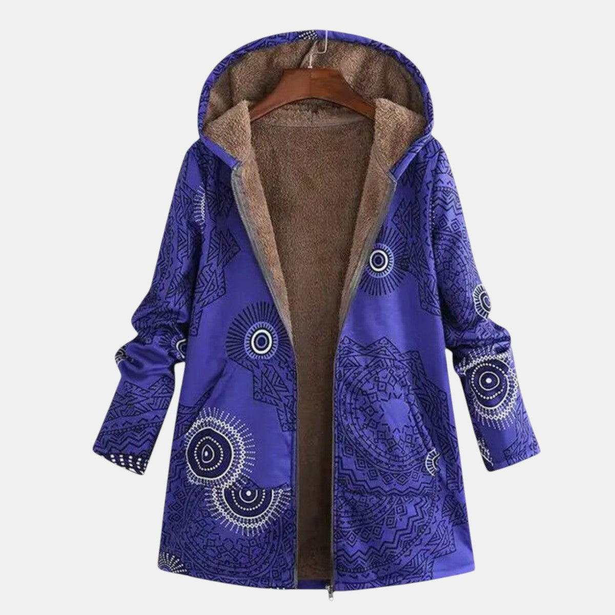 Chaqueta Sherpa Tribal Azul Cómoda para Mujeres con Capucha y Manga Larga, Estilo Oversized con Cierre Frontal