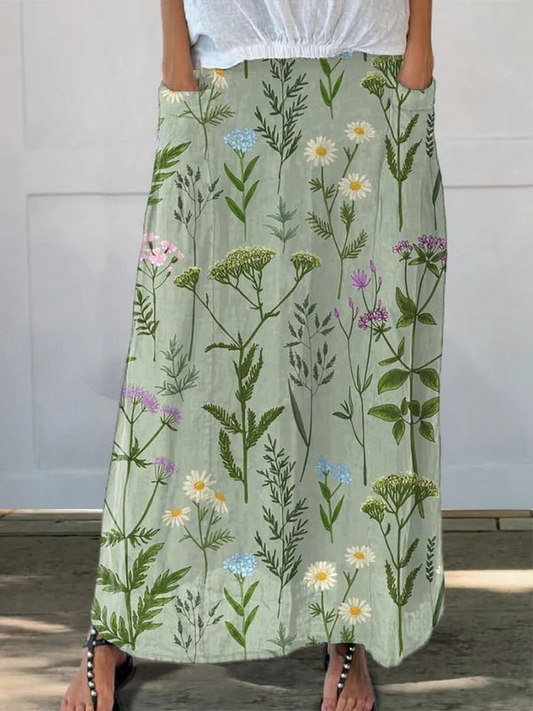 Falda Maxi Floral Verde Sin Esfuerzo para Mujeres con Cintura Alta y Estampado Botánico de Estilo Casual