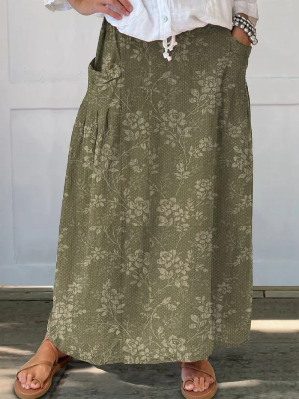 Falda Maxi Floral Sin Esfuerzo para Mujeres con Cintura Elástica y Detalle de Bolsillos Estilo A Línea
