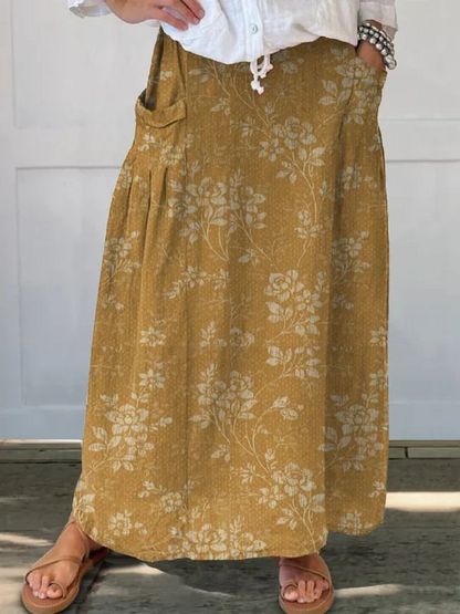 Falda Maxi Floral Sin Esfuerzo para Mujeres con Cintura Elástica y Detalle de Bolsillos Estilo A Línea