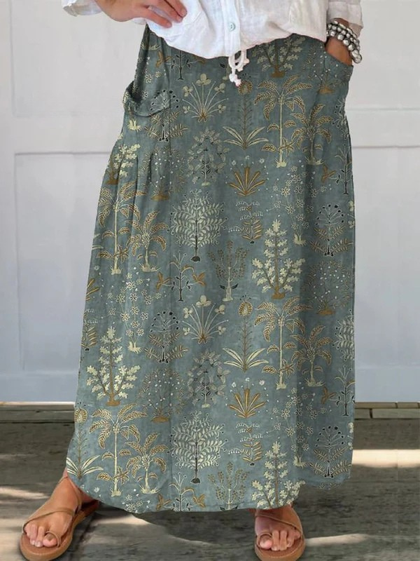 Falda Maxi Botánica Elegante de Color Verde Oscuro para Mujeres con Cintura Ajustable y Bolsillos Laterales, Estilo Bohemio Fluyente