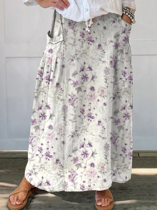 Falda Maxi Floral Blanca Sin Esfuerzo para Mujeres con Cintura Alta, Cordón, Bolsillos y Estilo Bohemio